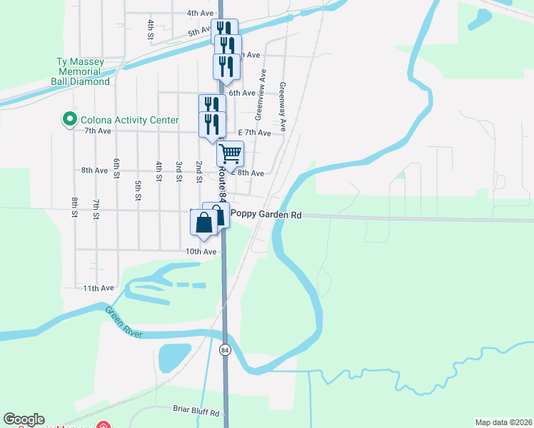 map of restaurants, bars, coffee shops, grocery stores, and more near Riverview Court in Colona