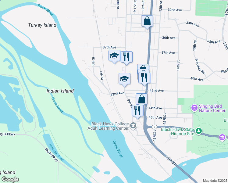 map of restaurants, bars, coffee shops, grocery stores, and more near 806 42nd St in Rock Island