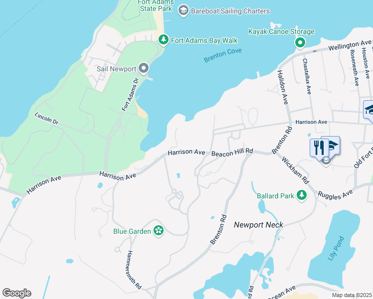 map of restaurants, bars, coffee shops, grocery stores, and more near 157 Harrison Avenue in Newport