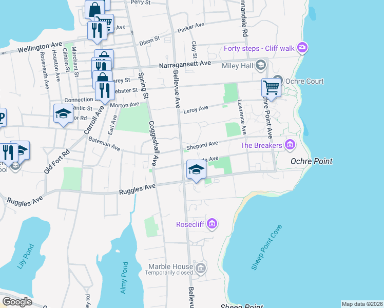 map of restaurants, bars, coffee shops, grocery stores, and more near 501 Bellevue Avenue in Newport