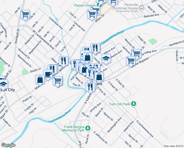 map of restaurants, bars, coffee shops, grocery stores, and more near in Olyphant