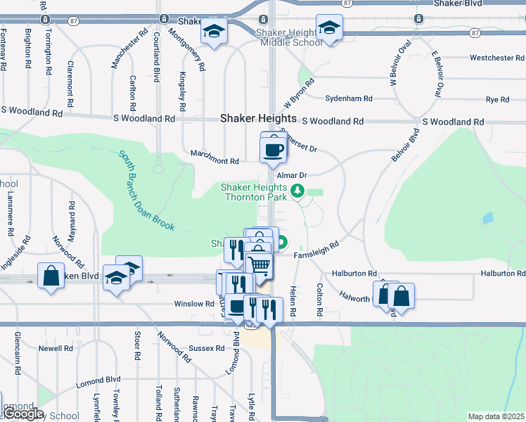 map of restaurants, bars, coffee shops, grocery stores, and more near 3330 Warrensville Center Road in Shaker Heights