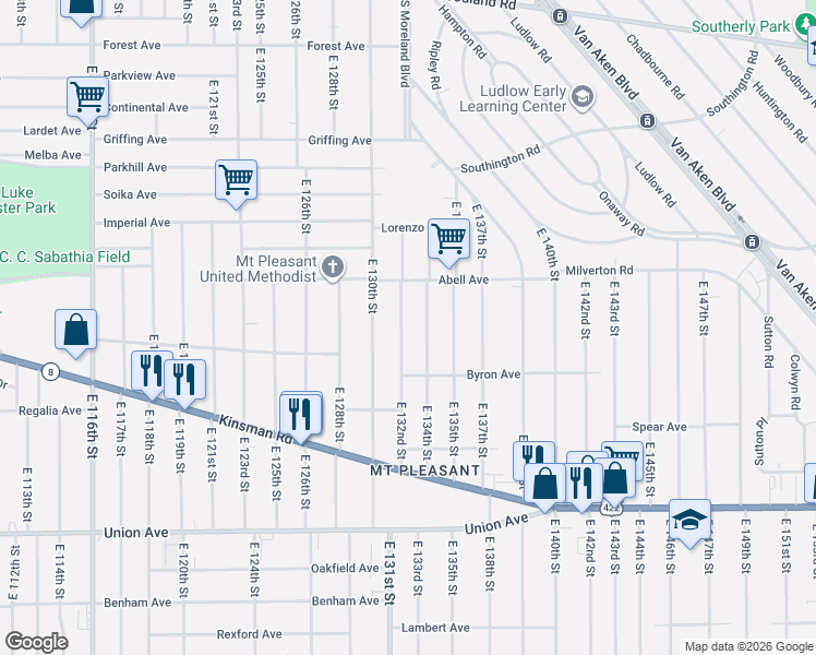 map of restaurants, bars, coffee shops, grocery stores, and more near 3306 East 132nd Street in Cleveland