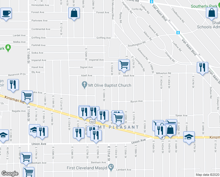 map of restaurants, bars, coffee shops, grocery stores, and more near 3306 East 132nd Street in Cleveland