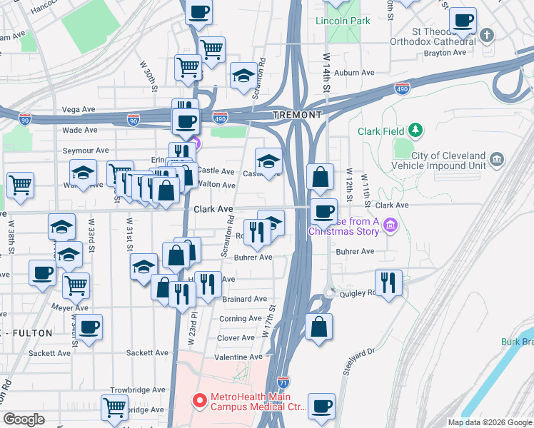 map of restaurants, bars, coffee shops, grocery stores, and more near 3133 West 17th Place in Cleveland