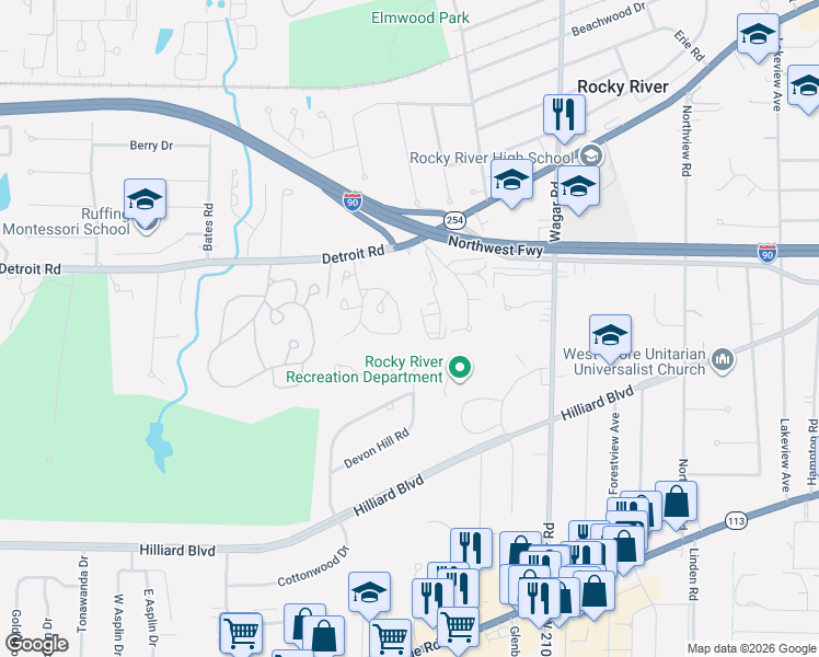 map of restaurants, bars, coffee shops, grocery stores, and more near 5 South Hampton Court in Rocky River