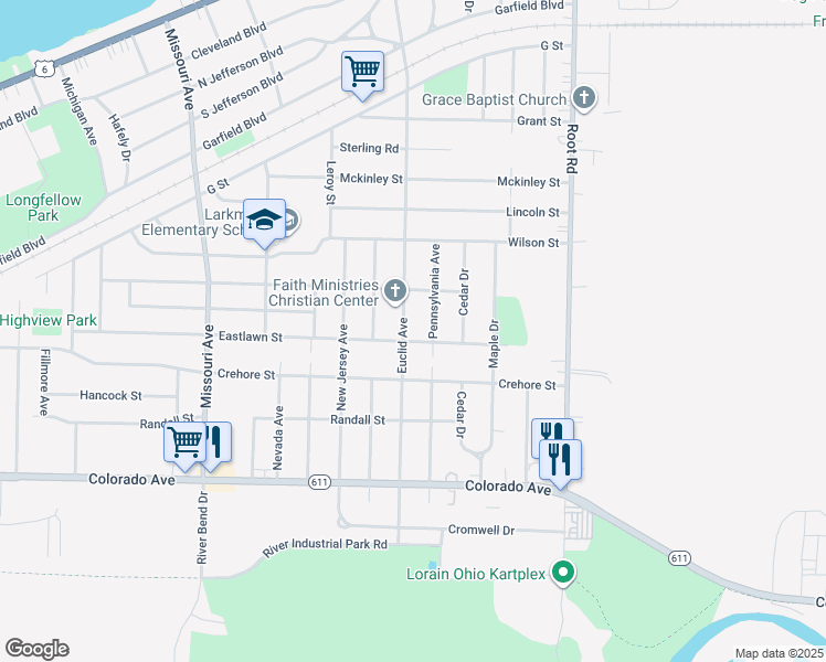 map of restaurants, bars, coffee shops, grocery stores, and more near 3006 Eastlawn Street in Lorain