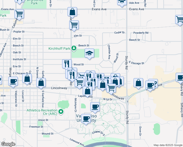 map of restaurants, bars, coffee shops, grocery stores, and more near 1410 East Chicago Street in Valparaiso