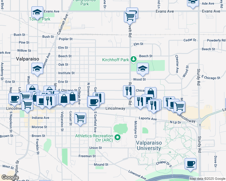 map of restaurants, bars, coffee shops, grocery stores, and more near 819 Jefferson Street in Valparaiso