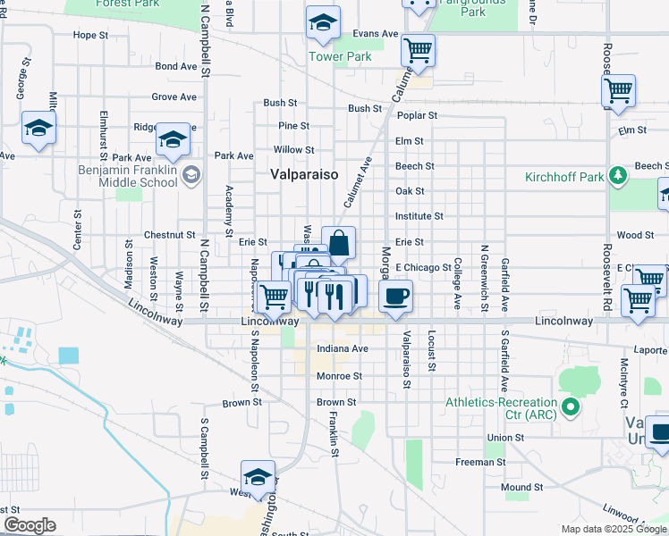 map of restaurants, bars, coffee shops, grocery stores, and more near 103 Franklin Street in Valparaiso