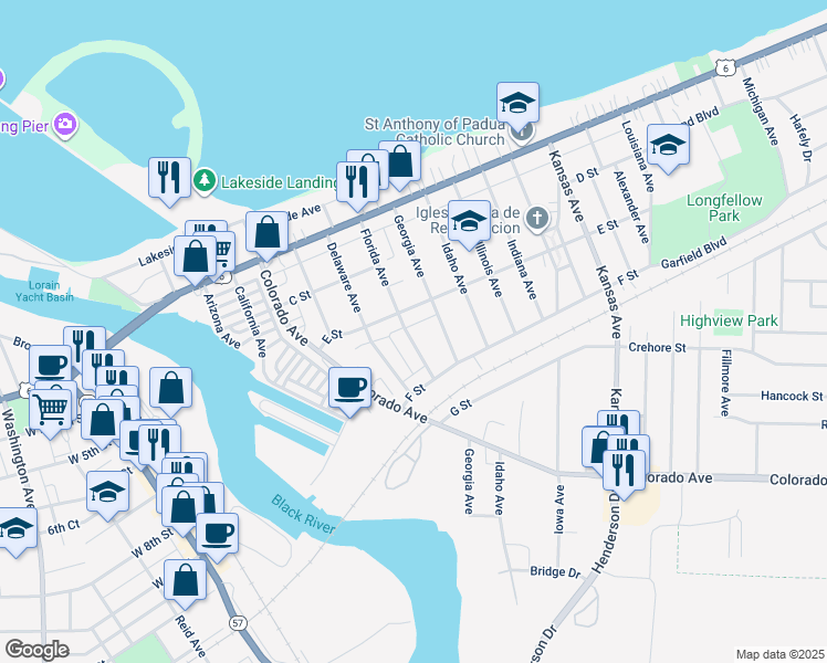 map of restaurants, bars, coffee shops, grocery stores, and more near 417 Florida Avenue in Lorain