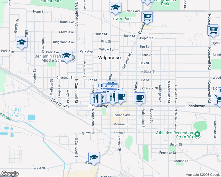 map of restaurants, bars, coffee shops, grocery stores, and more near 1207 1/2 East Chicago Street in Valparaiso