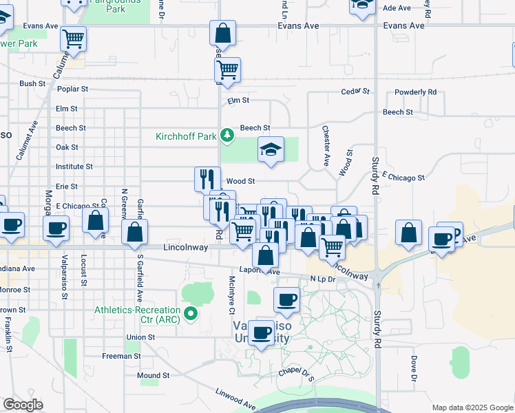 map of restaurants, bars, coffee shops, grocery stores, and more near East Chicago Street in Valparaiso