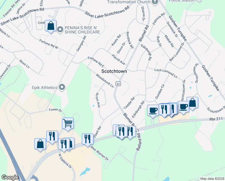 map of restaurants, bars, coffee shops, grocery stores, and more near 20 Shagbark Street in Middletown