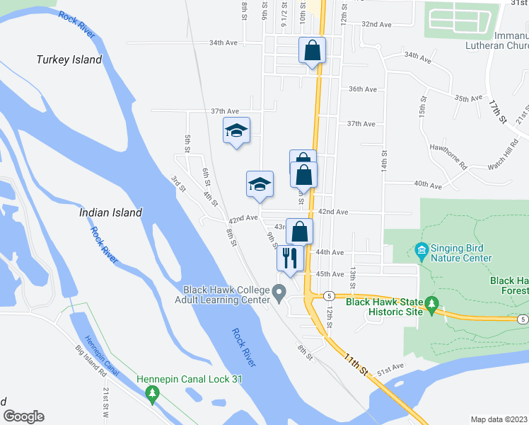 map of restaurants, bars, coffee shops, grocery stores, and more near 900 42nd Avenue in Rock Island