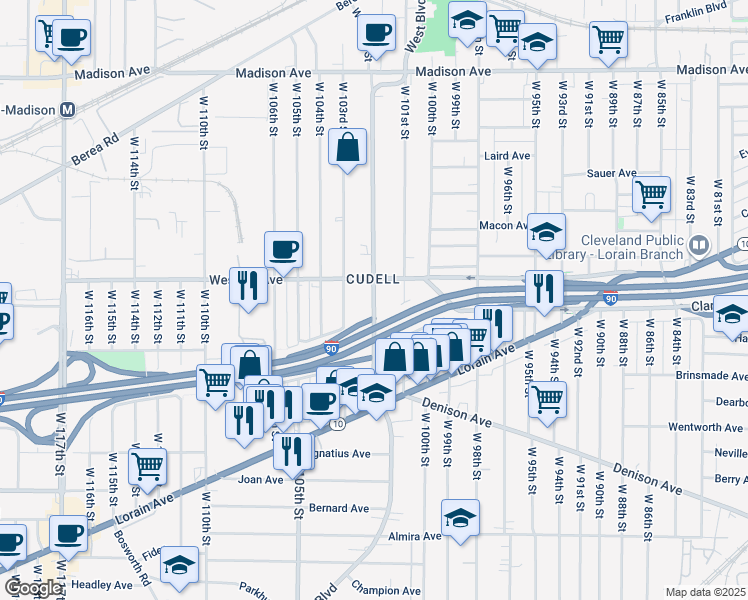 map of restaurants, bars, coffee shops, grocery stores, and more near West Boulevard in Cleveland