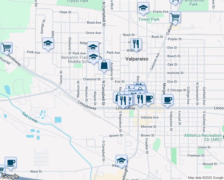map of restaurants, bars, coffee shops, grocery stores, and more near 257 Erie Street in Valparaiso