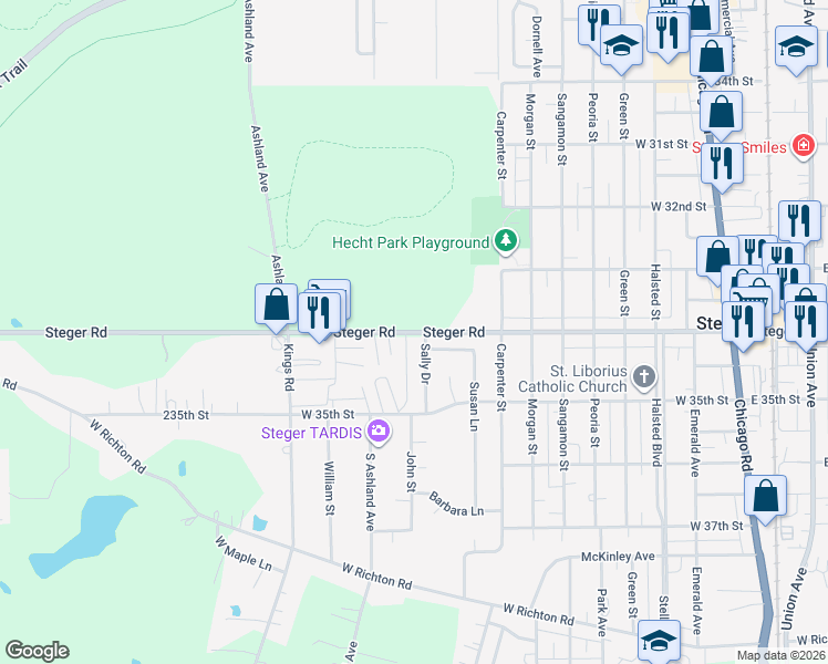 map of restaurants, bars, coffee shops, grocery stores, and more near 3400 Sally Drive in Steger
