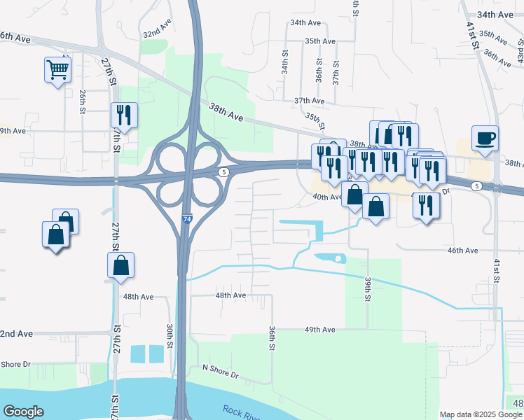 map of restaurants, bars, coffee shops, grocery stores, and more near 3411 43rd Avenue in Moline