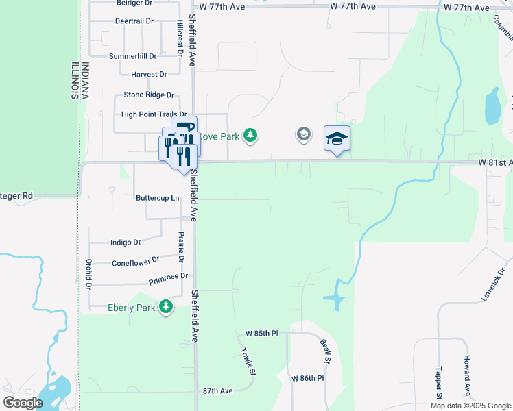 map of restaurants, bars, coffee shops, grocery stores, and more near 14805 82nd Avenue in Dyer