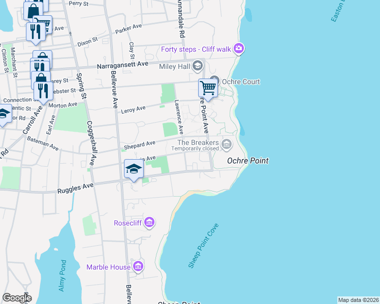 map of restaurants, bars, coffee shops, grocery stores, and more near 37 Ochre Point Avenue in Newport