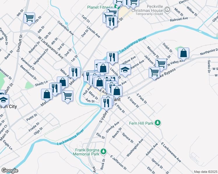 map of restaurants, bars, coffee shops, grocery stores, and more near 200 Grant Street in Olyphant