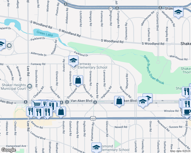 map of restaurants, bars, coffee shops, grocery stores, and more near 3280 Kenmore Road in Shaker Heights