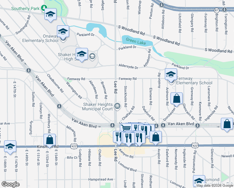 map of restaurants, bars, coffee shops, grocery stores, and more near 3280 Lee Road in Shaker Heights