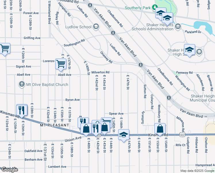 map of restaurants, bars, coffee shops, grocery stores, and more near 3277 East 143rd Street in Cleveland