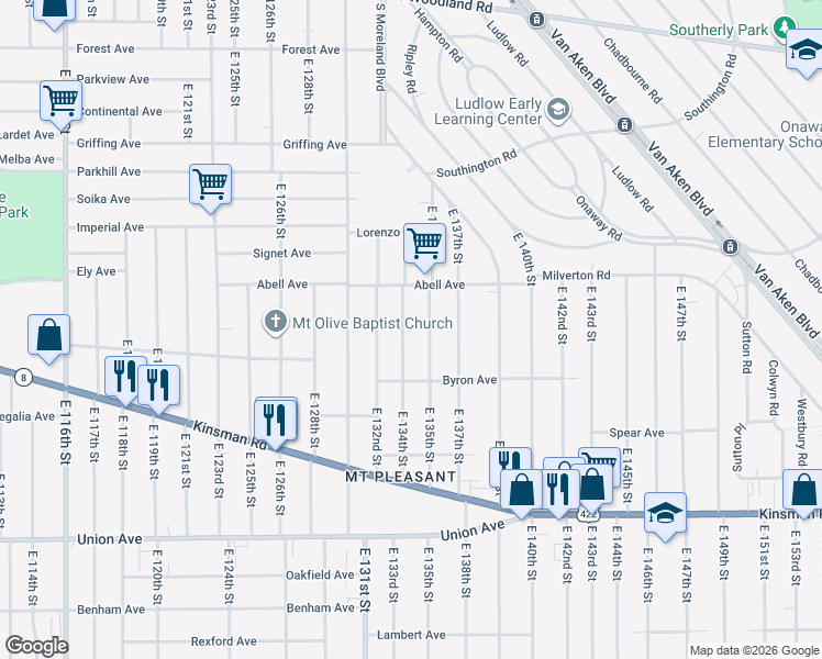 map of restaurants, bars, coffee shops, grocery stores, and more near 3251 East 134th Street in Cleveland