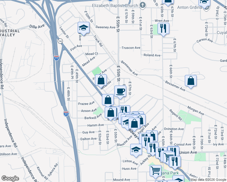 map of restaurants, bars, coffee shops, grocery stores, and more near 5320 McBride in Cleveland