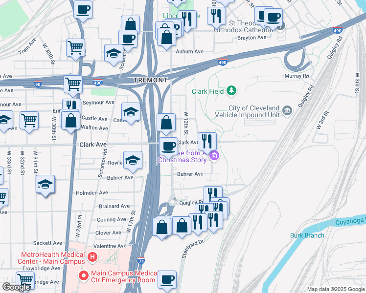 map of restaurants, bars, coffee shops, grocery stores, and more near 3054 West 12th Street in Cleveland