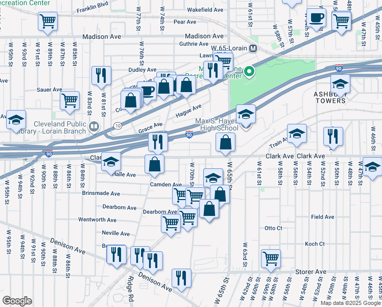 map of restaurants, bars, coffee shops, grocery stores, and more near 6911 Hope Avenue in Cleveland
