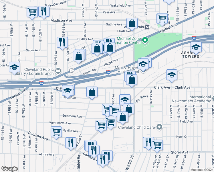 map of restaurants, bars, coffee shops, grocery stores, and more near 6911 Hope Avenue in Cleveland