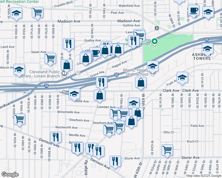 map of restaurants, bars, coffee shops, grocery stores, and more near 73 West Boulevard in Cleveland