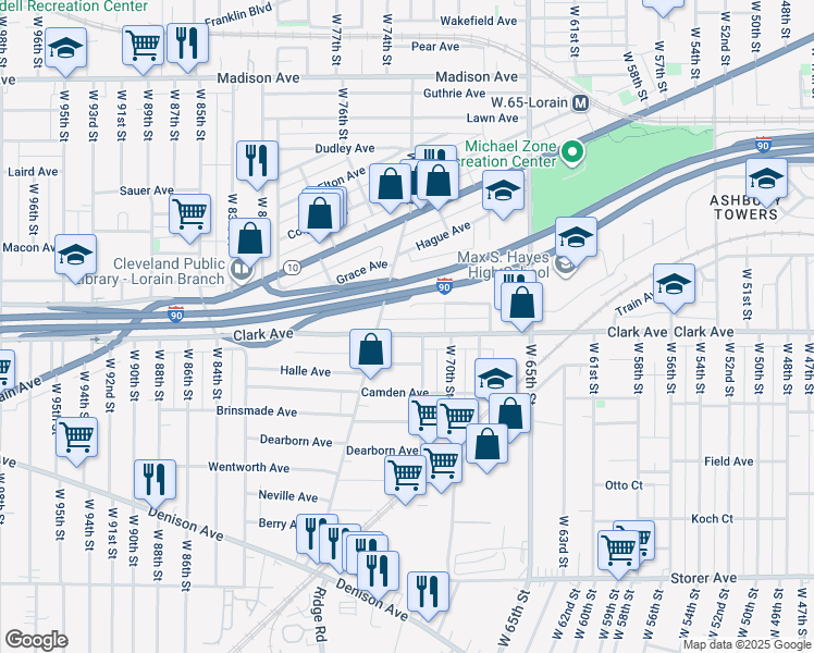 map of restaurants, bars, coffee shops, grocery stores, and more near 73 West Boulevard in Cleveland