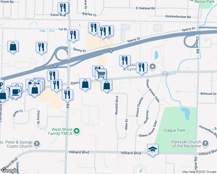 map of restaurants, bars, coffee shops, grocery stores, and more near 1453 Allen Drive in Westlake
