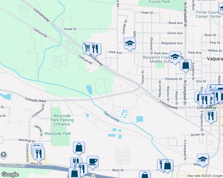map of restaurants, bars, coffee shops, grocery stores, and more near 1072-1098 Farrell St in Valparaiso