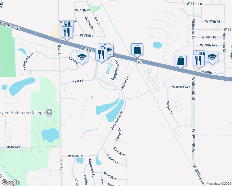 map of restaurants, bars, coffee shops, grocery stores, and more near 8178 Alpine Place in Crown Point