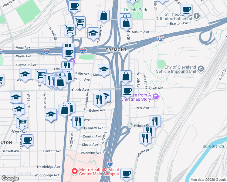 map of restaurants, bars, coffee shops, grocery stores, and more near 3081 West 16th Street in Cleveland