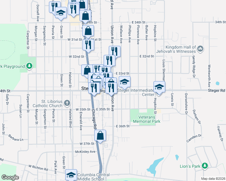 map of restaurants, bars, coffee shops, grocery stores, and more near Illinois 1 & Union Avenue & East 34th Street in Steger