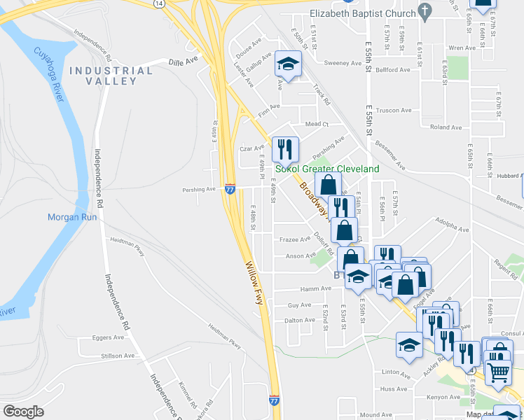 map of restaurants, bars, coffee shops, grocery stores, and more near East 49th Place in Cleveland