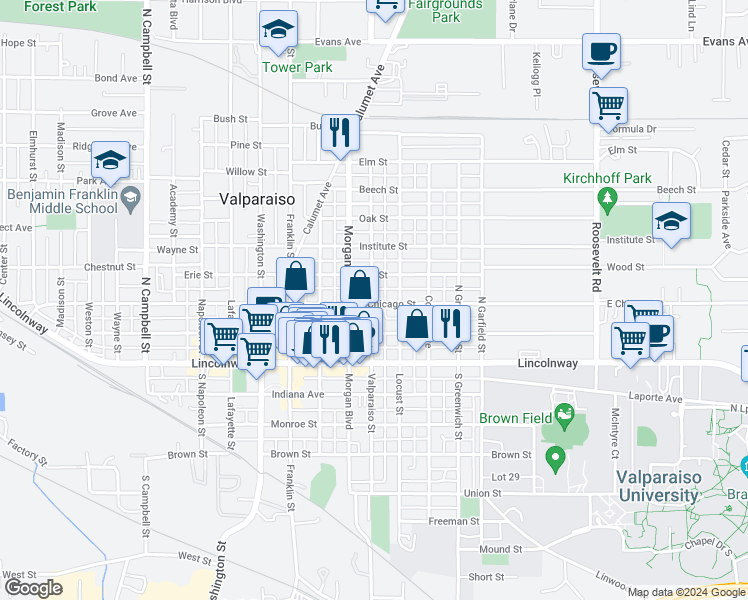 map of restaurants, bars, coffee shops, grocery stores, and more near 200 Valparaiso Street in Valparaiso