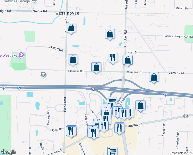 map of restaurants, bars, coffee shops, grocery stores, and more near 30205 Clemens Road in Westlake