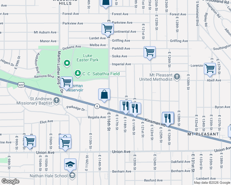 map of restaurants, bars, coffee shops, grocery stores, and more near 3239 East 117th Street in Cleveland