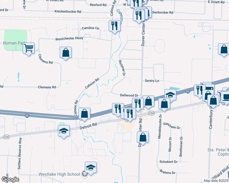map of restaurants, bars, coffee shops, grocery stores, and more near 1187 Richmar Drive in Westlake