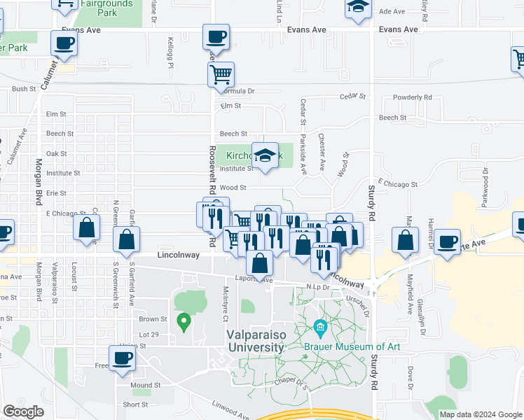map of restaurants, bars, coffee shops, grocery stores, and more near 1407 East Chicago Street in Valparaiso