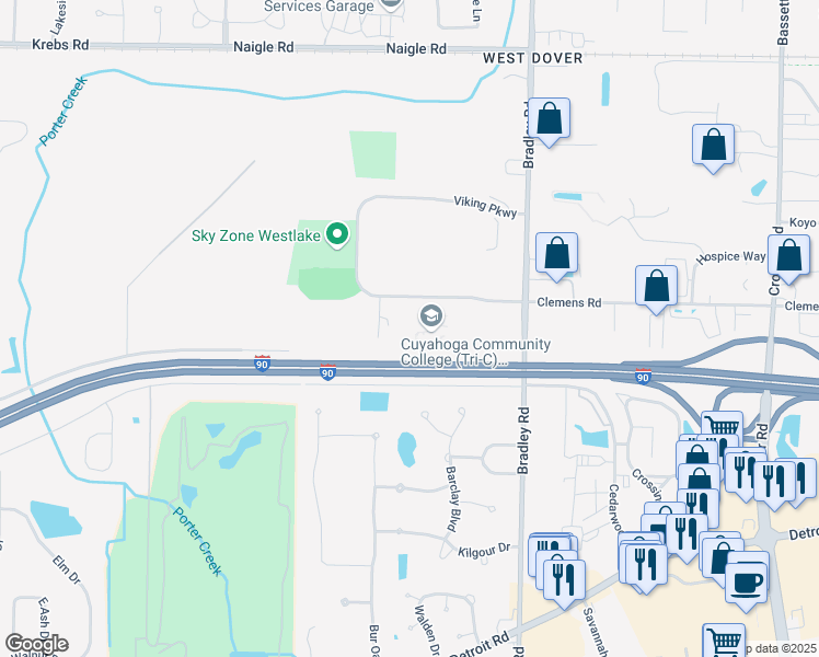 map of restaurants, bars, coffee shops, grocery stores, and more near 1224 Bradley Road in Westlake