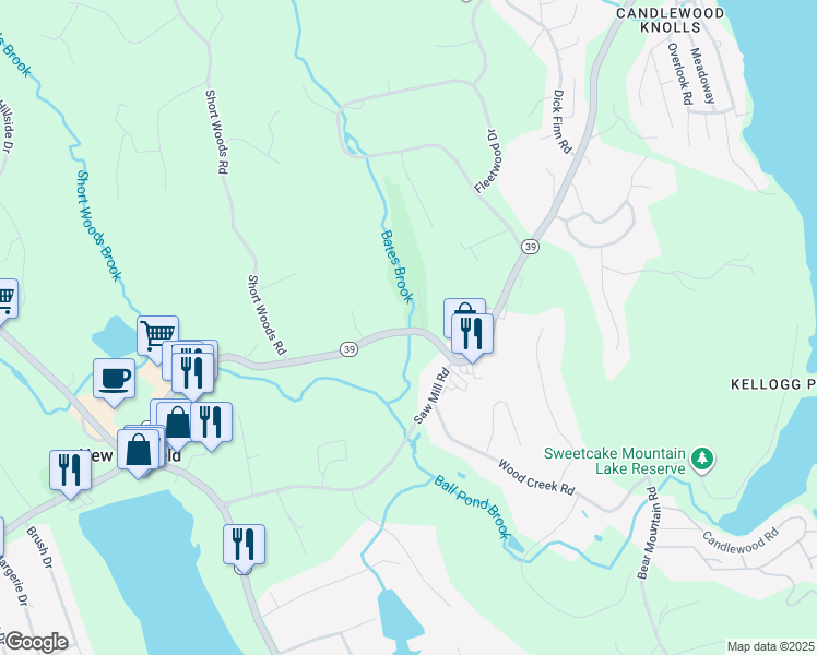 map of restaurants, bars, coffee shops, grocery stores, and more near 65 Connecticut 39 in New Fairfield