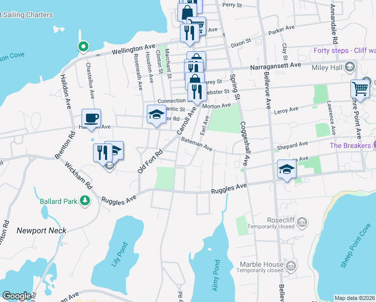 map of restaurants, bars, coffee shops, grocery stores, and more near 10 Bateman Avenue in Newport